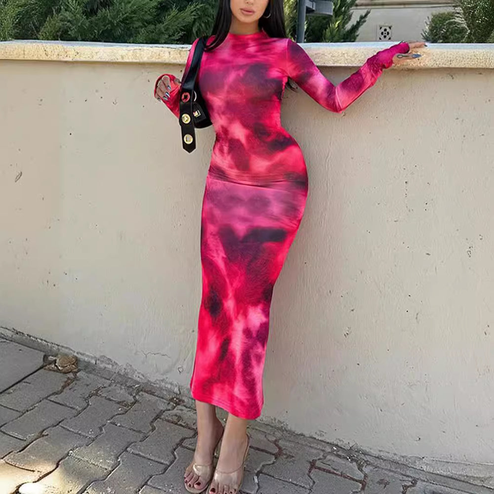 Damen figurbetontes Langarmkleid mit modernem Batikdesign EB