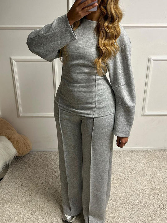 Damen nan weiches Lounge-Set mit tailliertem Sweatshirt, formgebenden Nahtdetails und weitem Palazzohosen-Bein EB
