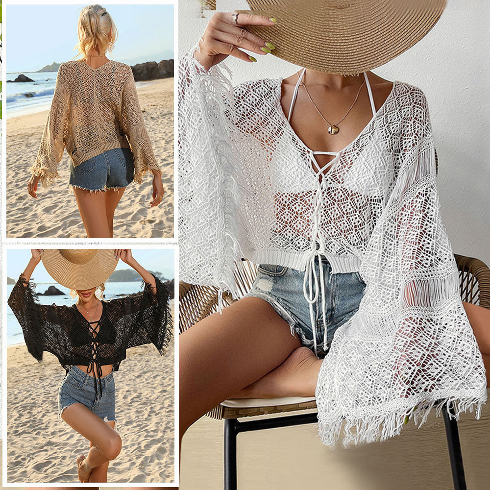 Damen gehäkelter Strandkimono mit eleganter Fransenverzierung EB