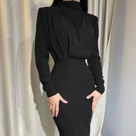 Damen nan elegantes Midikleid mit Drapierter Wasserfall-Front, taillierter Bleistift-Silhouette und langen Ärmeln EB