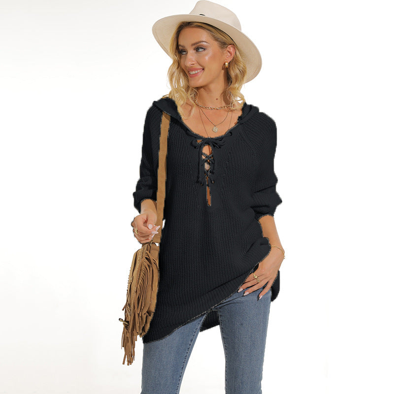 Damen lässiger Strickpullover mit einzigartigem Schnürdesign und lockerer Passform EB