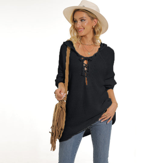 Damen lässiger Strickpullover mit einzigartigem Schnürdesign und lockerer Passform EB