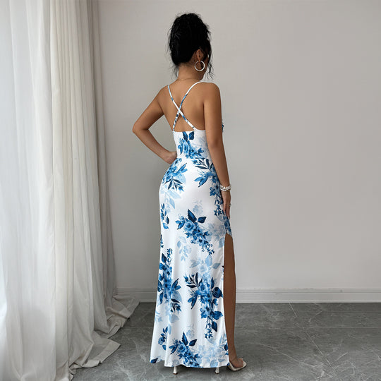 Damen Maxi-Kleid mit seitlichem Schlitz und blumigem Design EB