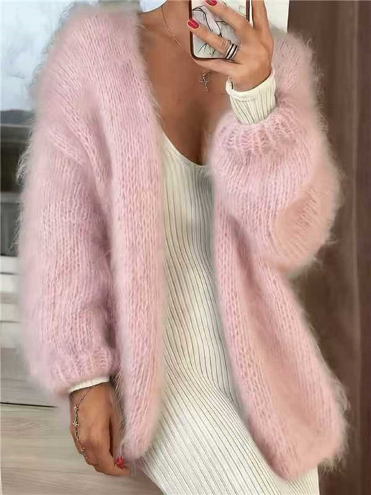 Damen Flauschiger Oversize Mohair-Optik Cardigan mit offenem Schnitt und Ballonärmeln EB