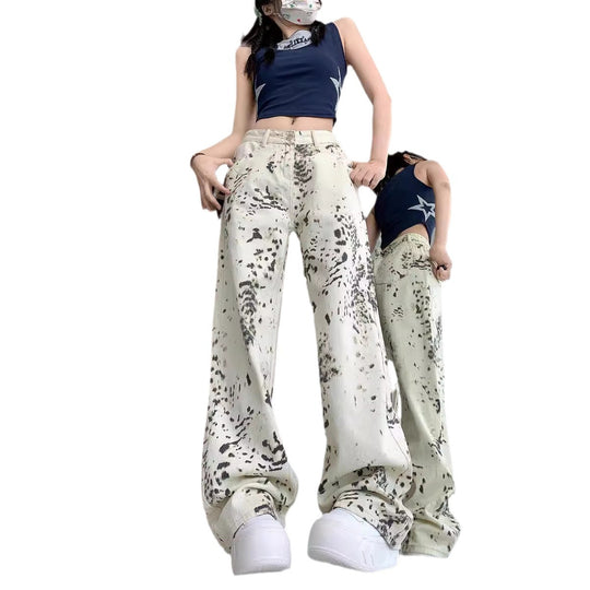 Damen weite Cargo-Jeans mit einzigartigem Muster und hoch tailliertem Schnitt EB