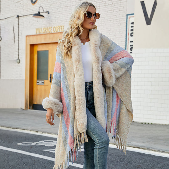 Damen modischer Poncho mit luxuriösem Kunstfellkragen und Fransen EB