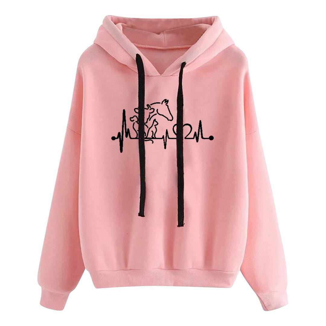 Damen nan leichter Oversize Kapuzenpullover mit Herz‑EKG‑Motiv, langen Kordeln und elastischem Bund EB