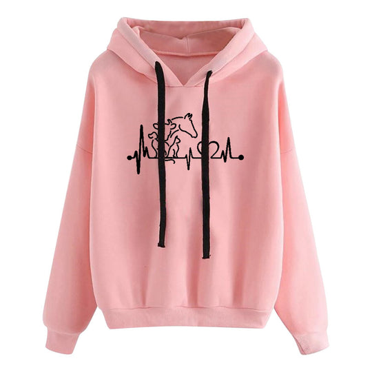 Damen nan leichter Oversize Kapuzenpullover mit Herz‑EKG‑Motiv, langen Kordeln und elastischem Bund EB