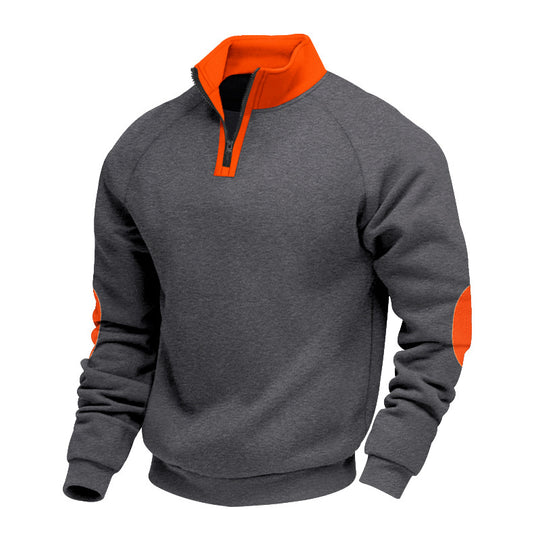 Herren modischer Sweatpullover mit halbem Reißverschluss und kontrastierenden Ellenbogenpatches EB