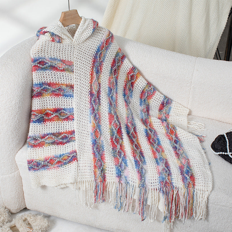 Damen Strickponcho mit Kapuze und fransigem Design EB