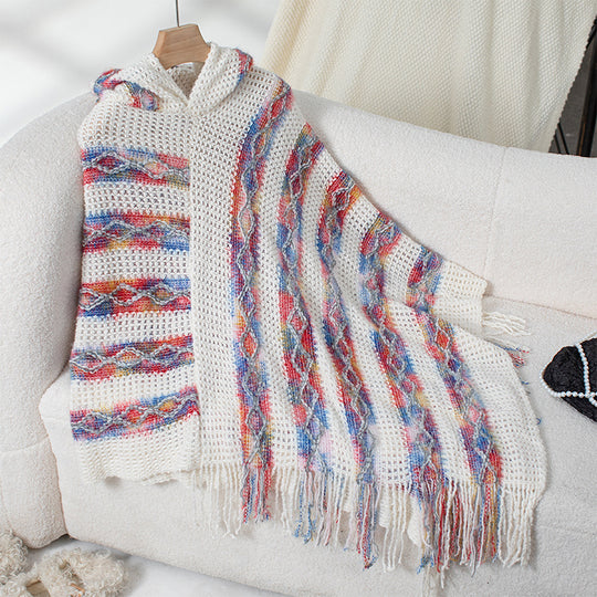Damen Strickponcho mit Kapuze und fransigem Design EB
