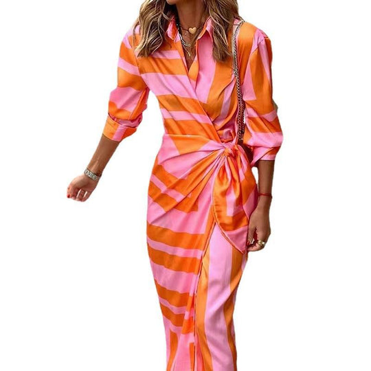 Damen Maxikleid mit asymmetrischem Schnitt und modernen Streifendetails EB