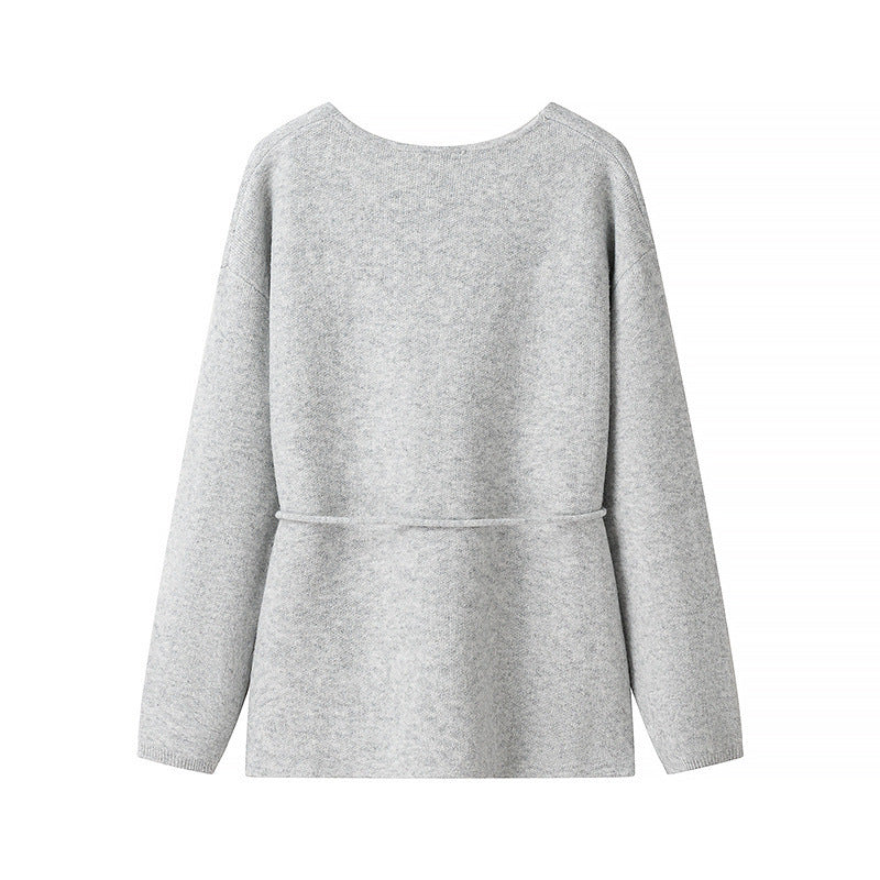 Damen Kuscheliger Strickcardigan mit tiefem V-Ausschnitt und Taillenkordel EB