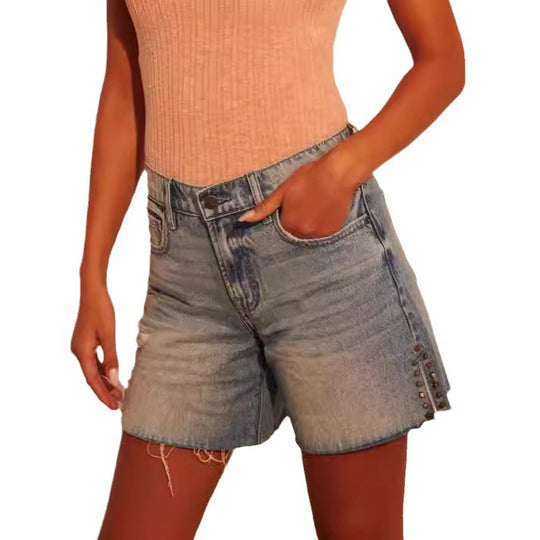 Damen modische Destroyed Denim-Shorts mit Nietenverzierung EB