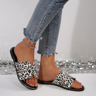 Damen bequeme Slides mit modischem Leopardenmuster und funkelnden Akzenten EB