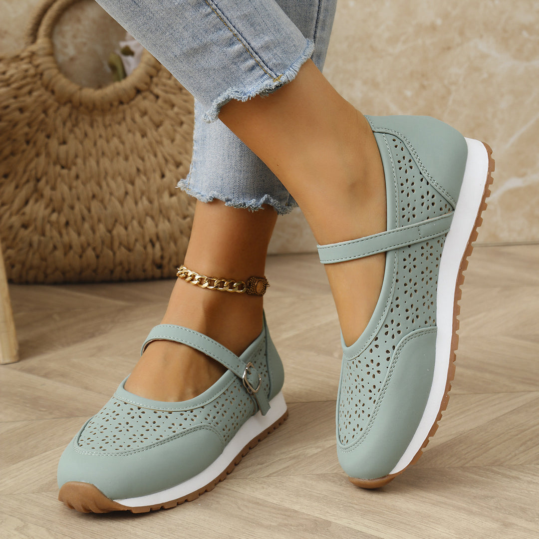 Damen bequeme und atmungsaktive Ballerinas mit Riemen und perforiertem Design EB