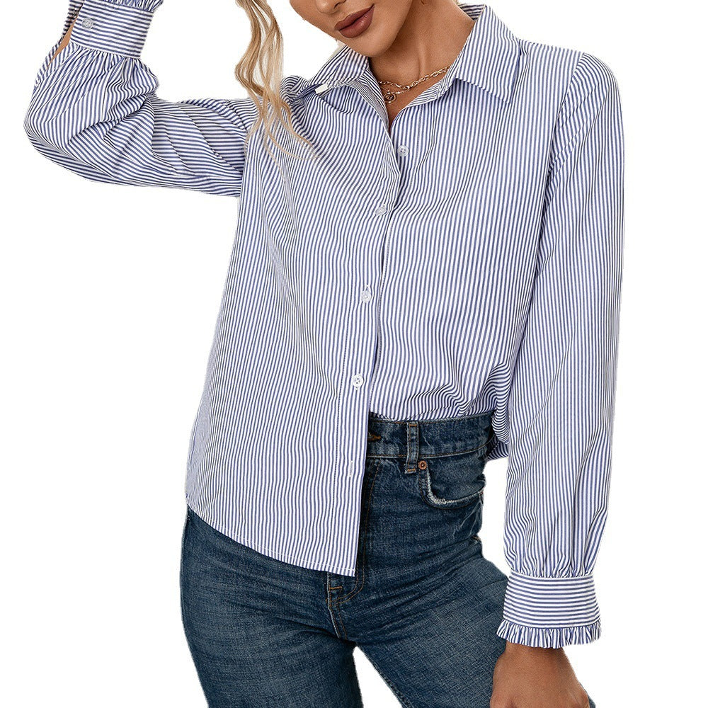 Damen Bluse mit Streifenmuster und modischem Knopfdetail EB