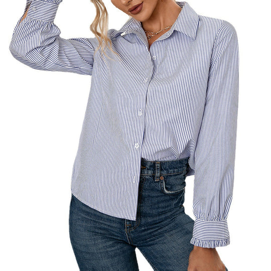 Damen Bluse mit Streifenmuster und modischem Knopfdetail EB