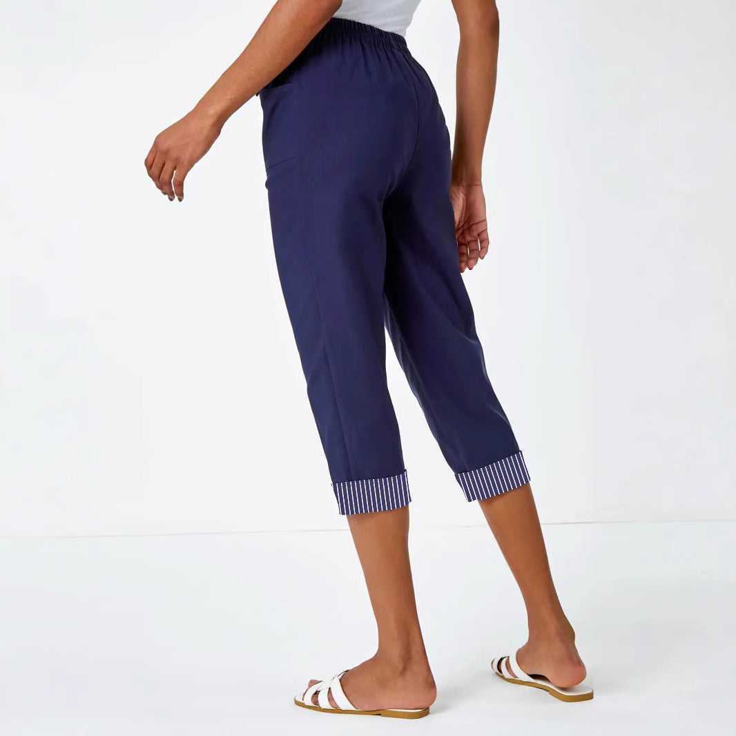 Damen Cropped Capri-Hose mit elastischem Bund, aufgesetzten Taschen und kontrastiertem Umschlag EB