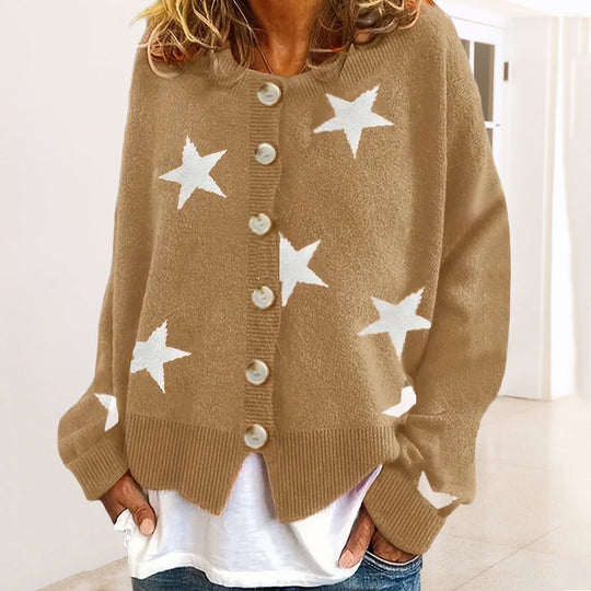 Damen modische Strickjacke mit Sternenmuster und Knopfdetails EB