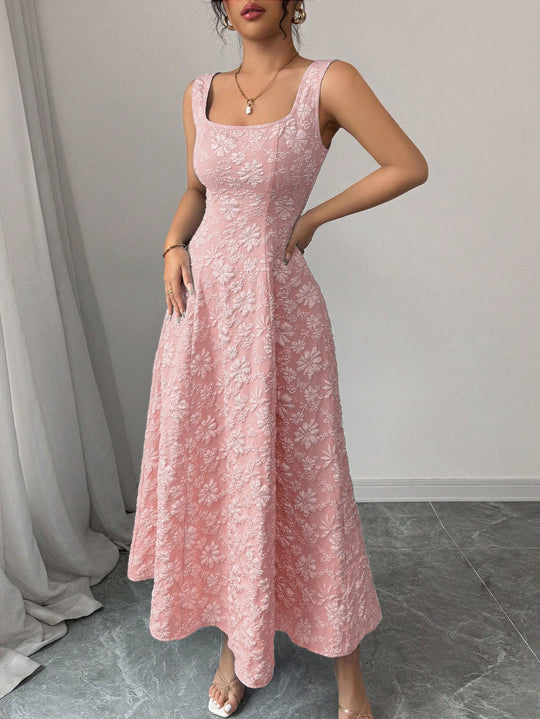 Damen Elegantes Maxikleid mit floralem Design und Quadrat-Ausschnitt EB