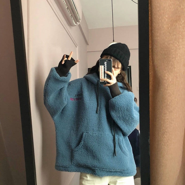 Damen kuscheliger Kapuzenpullover im Oversized-Stil mit vorderer Kängurutasche und elastischen Bündchen EB
