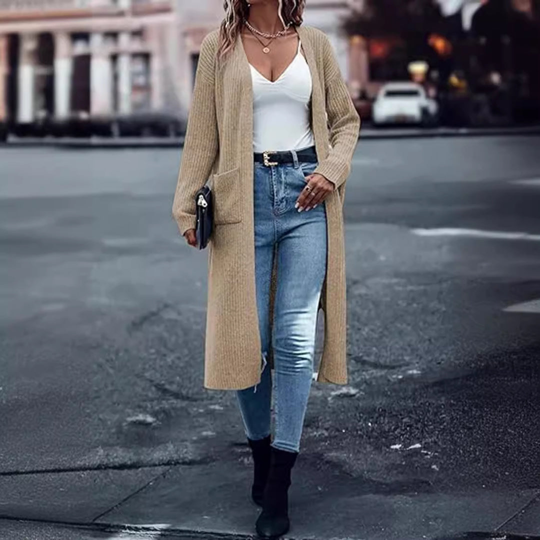 Damen Langer Strickcardigan mit tiefen Taschen und offenem Schnitt EB