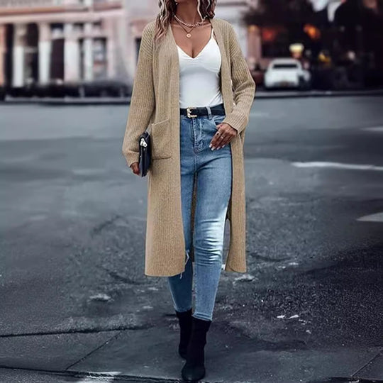Damen Langer Strickcardigan mit tiefen Taschen und offenem Schnitt EB
