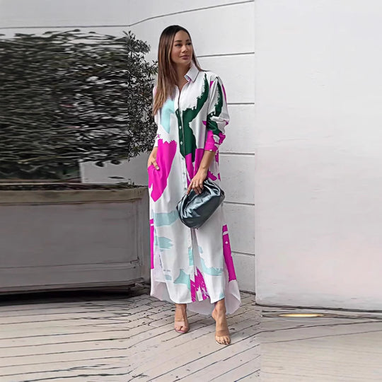 Damen lässiges Hemdblusenkleid mit buntem Grafikdruck und praktischen Taschen EB