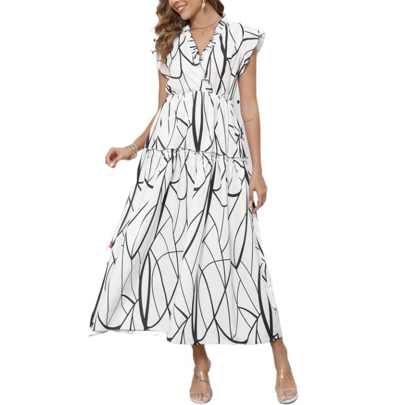 Damen Maxikleid mit grafischem Muster und voluminösen Ärmeln EB