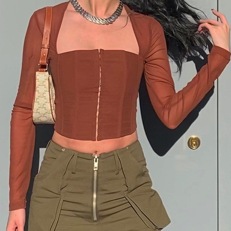 Damen Cropped Oberteil mit transparenten Ärmeln und strukturiertem Schnitt EB