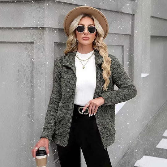 Damen nan kuschelige Teddy-Fleecejacke mit durchgehendem Reißverschluss, Stehkragen und seitlichen Eingrifftaschen EB