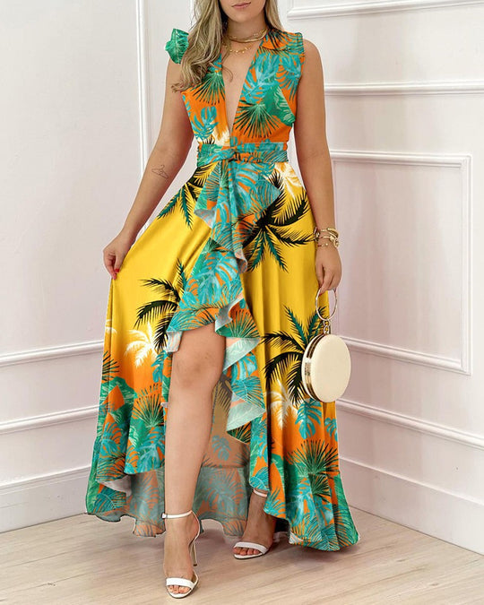 Damen Maxi-Kleid mit tiefem V-Ausschnitt und asymmetrischem Rock EB