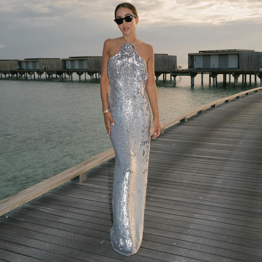 Damen glamouröses Pailletten-Maxikleid mit elegantem Stehkragen EB