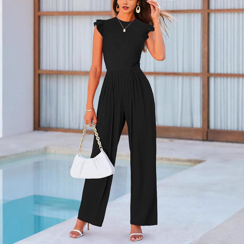 Damen eleganter Jumpsuit mit Puffärmeln und weitem Bein EB