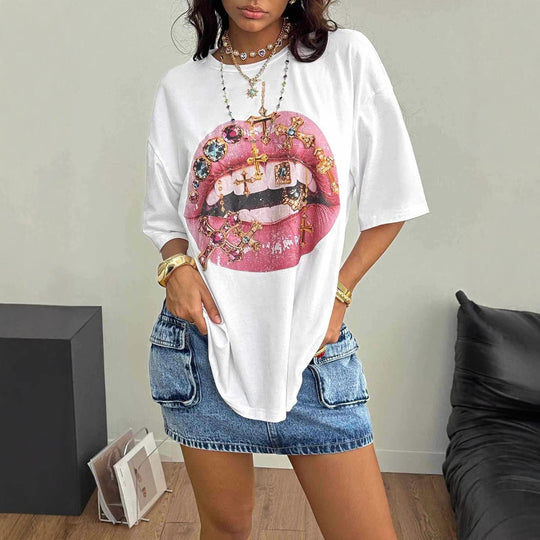 Damen Oversized T-Shirt mit kreativem Lippen- und Schmuckdesign EB