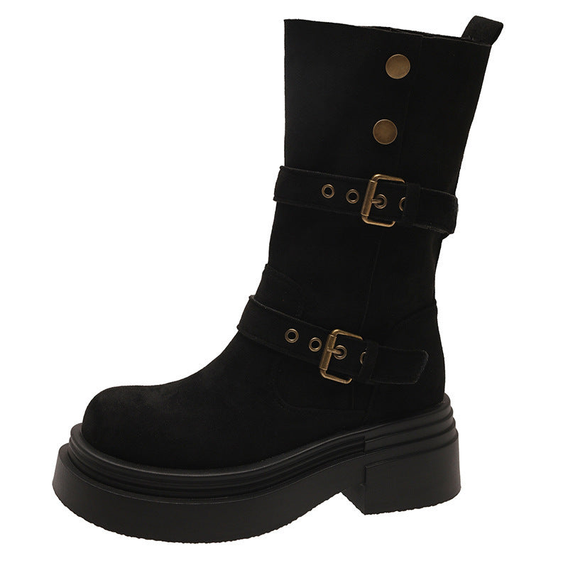 Damen Chunky Stiefel mit modischem Schnallen-Design und robuster Sohle EB