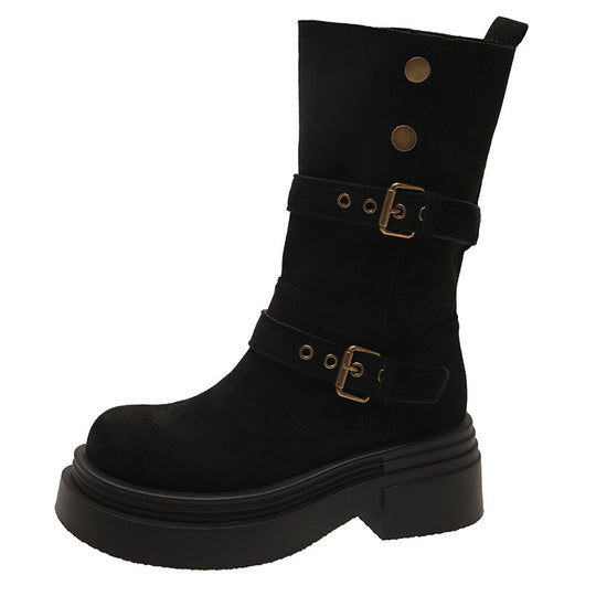 Damen Chunky Stiefel mit modischem Schnallen-Design und robuster Sohle EB