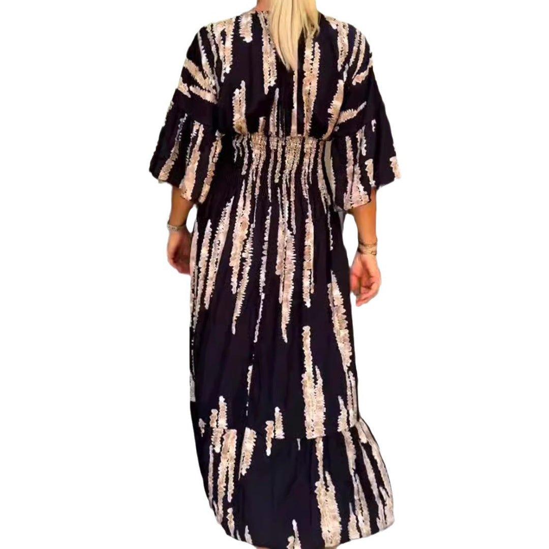 Damen nan Maxikleid mit V-Ausschnitt, vertikalem Pinselprint, geraffter Unterbrustnaht und stufigem Volantrock EB