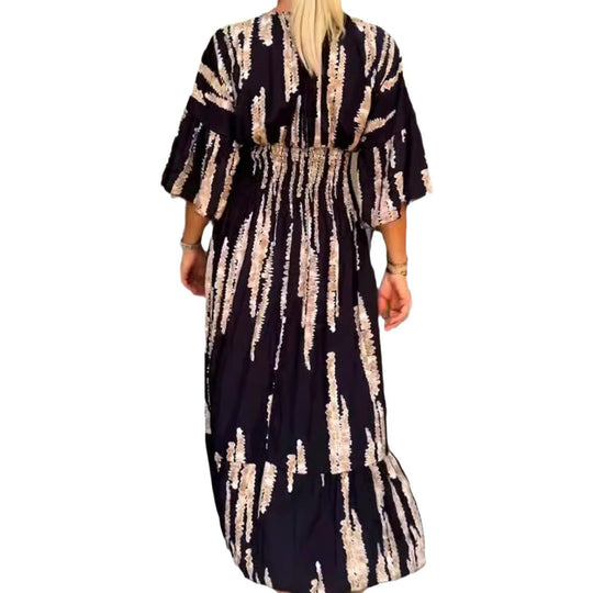 Damen nan Maxikleid mit V-Ausschnitt, vertikalem Pinselprint, geraffter Unterbrustnaht und stufigem Volantrock EB