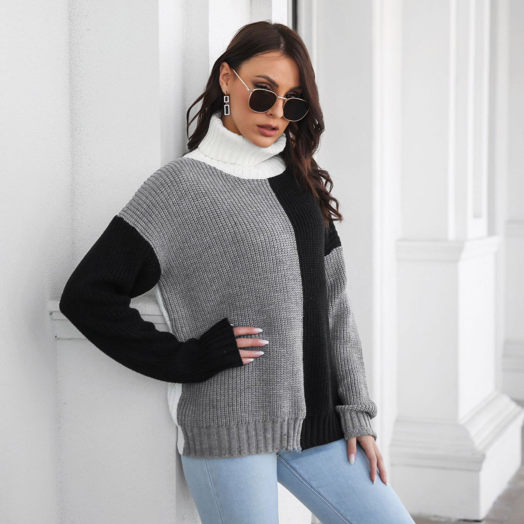 Damen Grobstrickpullover mit hohem Kragen und modernem Farbblock-Design EB