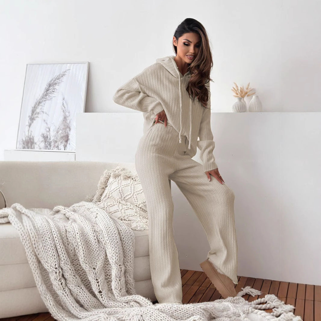 Damen Strick Lounge-Set mit Kapuze und weitem Beinschnitt EB