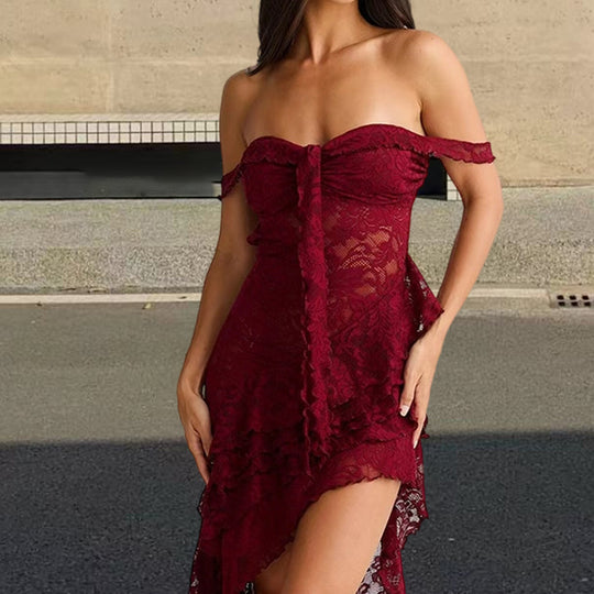 Damen Asymmetrisches Spitzenkleid mit raffinierten Rüschendetails und off-shoulder Design EB
