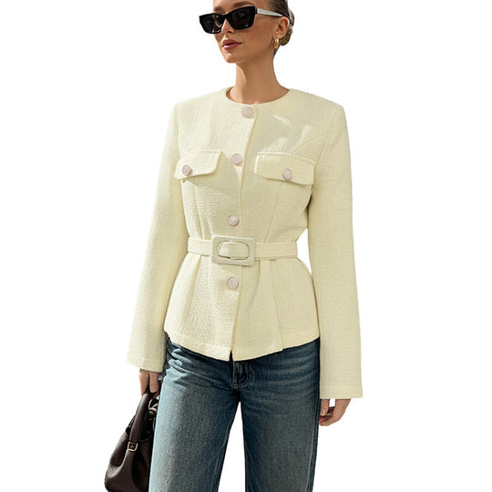 Damen Taillierter Bouclé-Blazer mit Gürtel, Pattentaschen und Rundhals EB