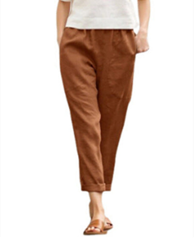 Damen nan leichte Leinenhose mit elastischem Bund, seitlichen Eingrifftaschen und gekrempeltem Saum EB