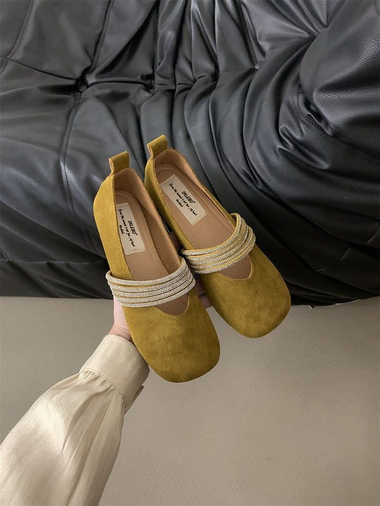 Damen elegante Ballerinas mit dekorativem Riemchen und schimmernder Oberfläche EB