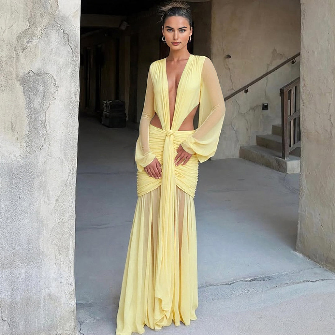 Damen Maxikleid mit raffinierten Drapierungen und tiefem V-Ausschnitt EB