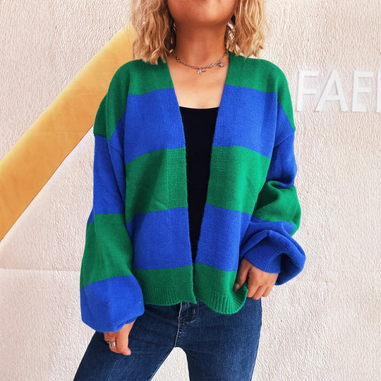 Damen lässige Strickjacke mit breitem Streifenmuster und extra weitem Schnitt EB