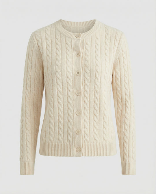 Damen klassische Zopfmuster-Strickjacke mit Rundhalsausschnitt und durchgehender Knopfleiste EB