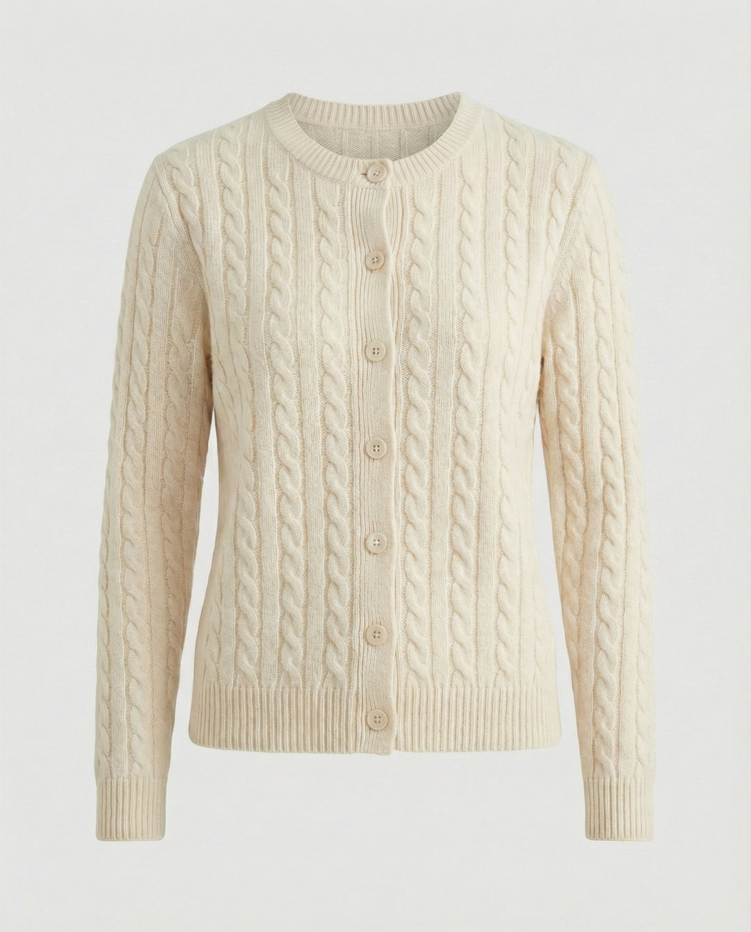 Damen klassische Zopfmuster-Strickjacke mit Rundhalsausschnitt und durchgehender Knopfleiste EB